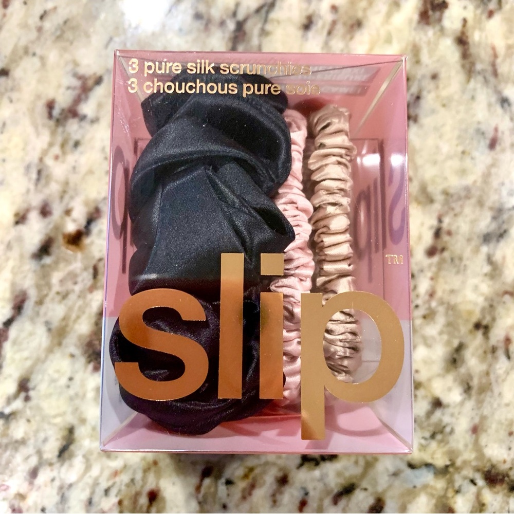 Slip Pure Silk Scrunchies Hair Tie 3 Ct -1 Large Black 2 Skinny Pink & Caramel